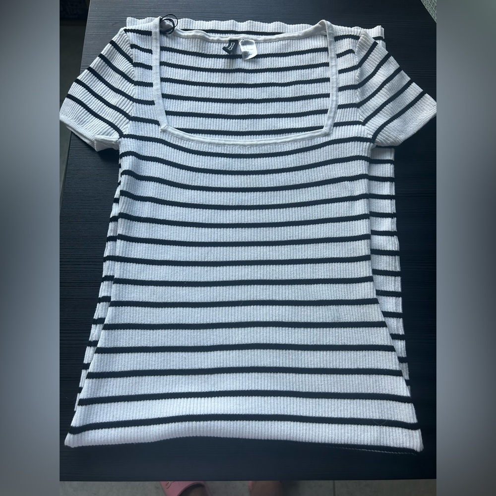 stylish black / white striped dress with a unique square neckline short sleeves